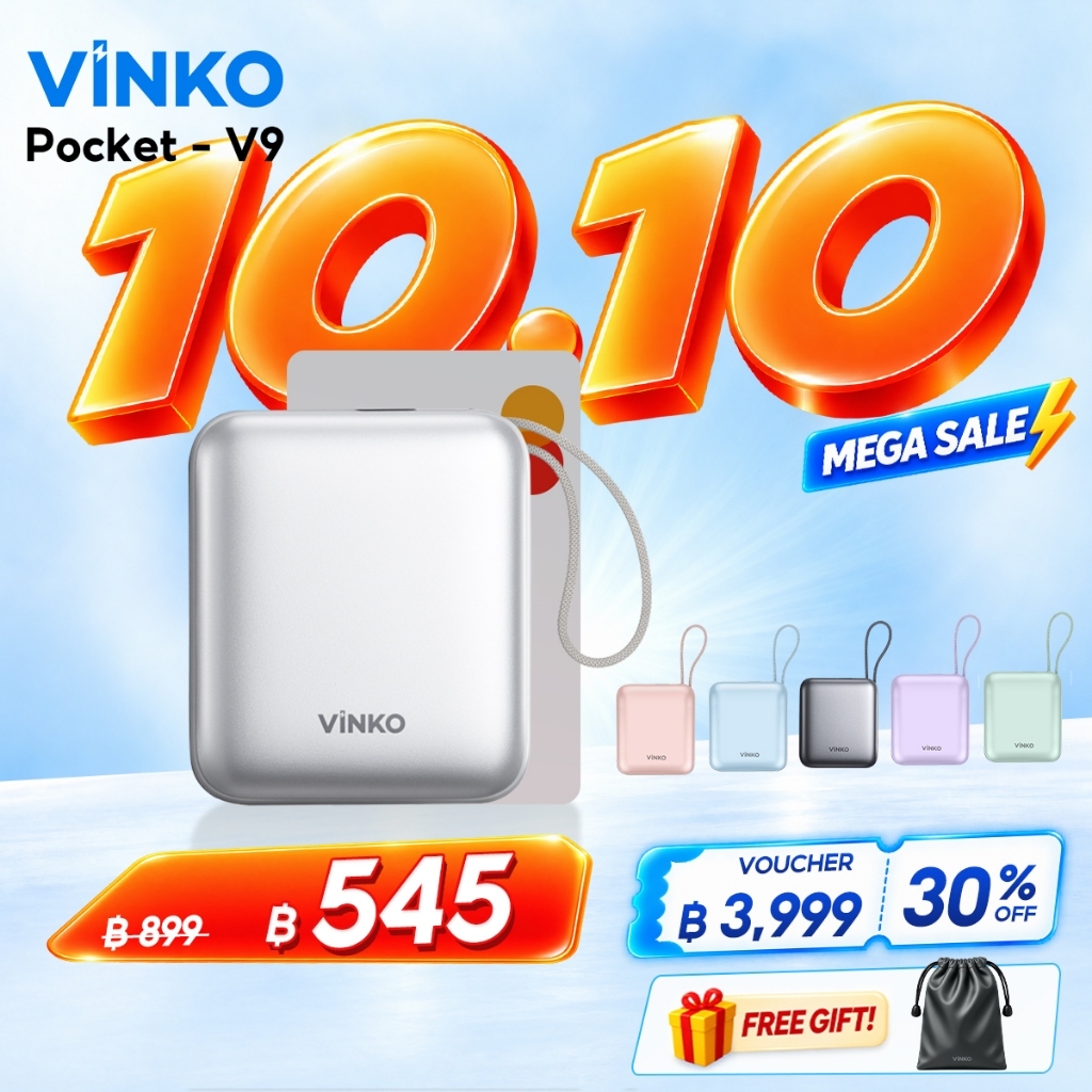 [TISI&CCC]VINKO Pocket V9 Power Bank 10000mAh พาวเวอร์แบงค์ 22.5W PD2.0 ชาร์จไว ชาร์จเร็ว สาย USB-C for iPhone 17/18 pro