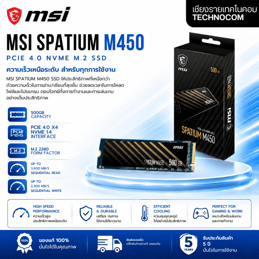 MSI SPATIUM M450 V1 500GB M.2 NVMe PCIe 4.0 (SSD เอสเอสดี) ความจุ