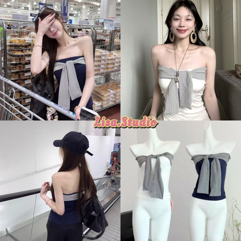 Lisa พร้อมส่ง☔️เสื้อเกาะอกผู้หญิง ดีไซน์เชื่อกผูกหน้าอก สีพื้น แขนกุด ...