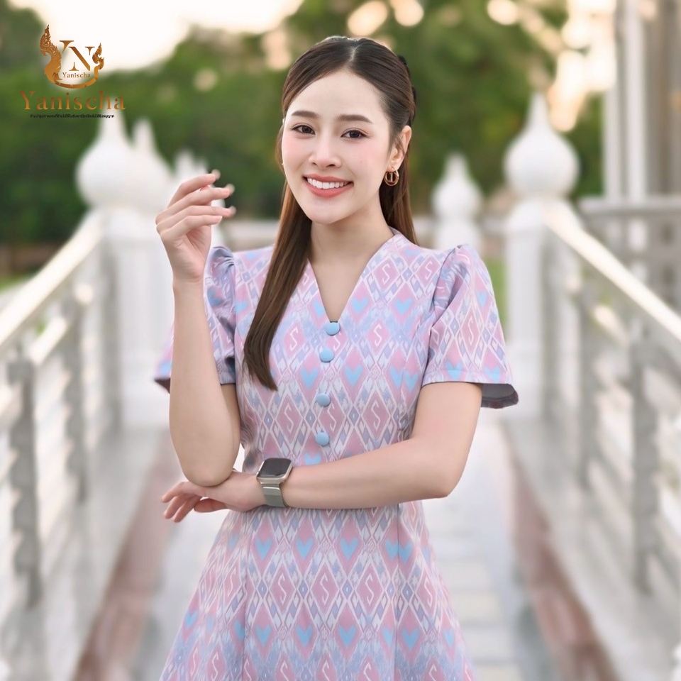 เดรสผ้าไหมทอลายพาสเทล ชุดไปวัดทำบุญ เรียบหรู สะกดทุกสายตา ไซส์ XS-2XL มุมมองที่ 2