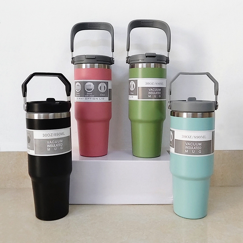 แก้วสแตนเลส304 900ml มีหูหิ้วแถมหลอด