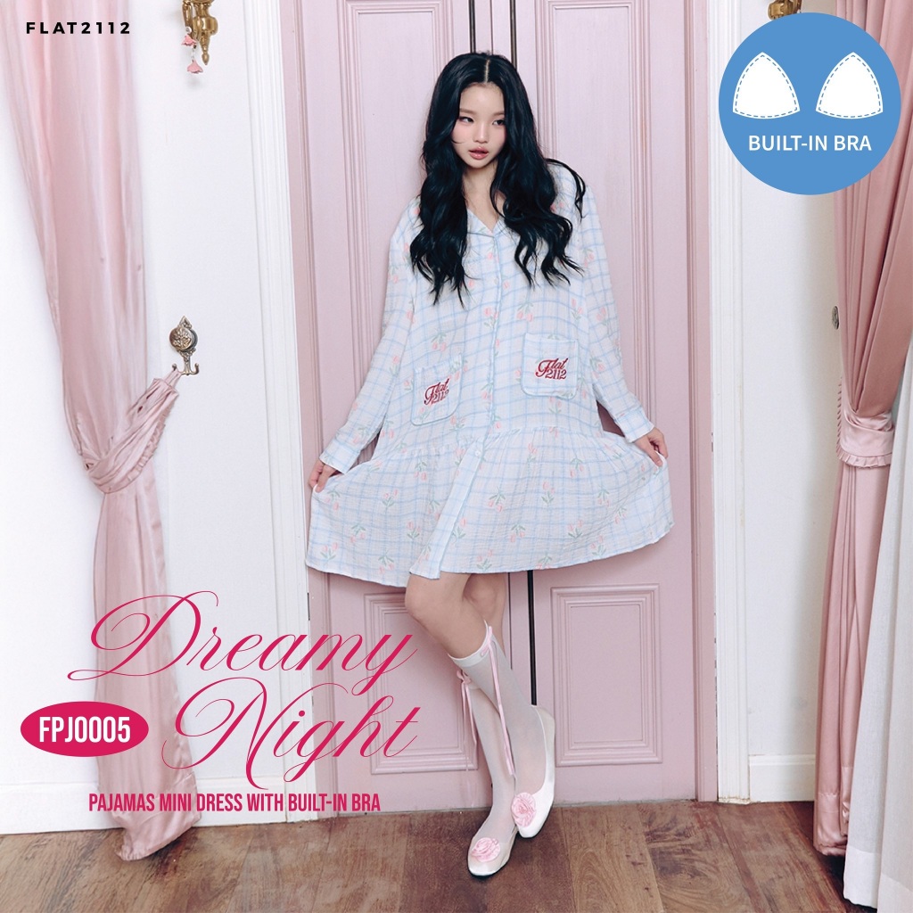 FLAT2112 : DREAMY NIGHT PAJAMAS MINI DRESS เดรสชุดนอน ชุดนอนมีบราในตัว ...