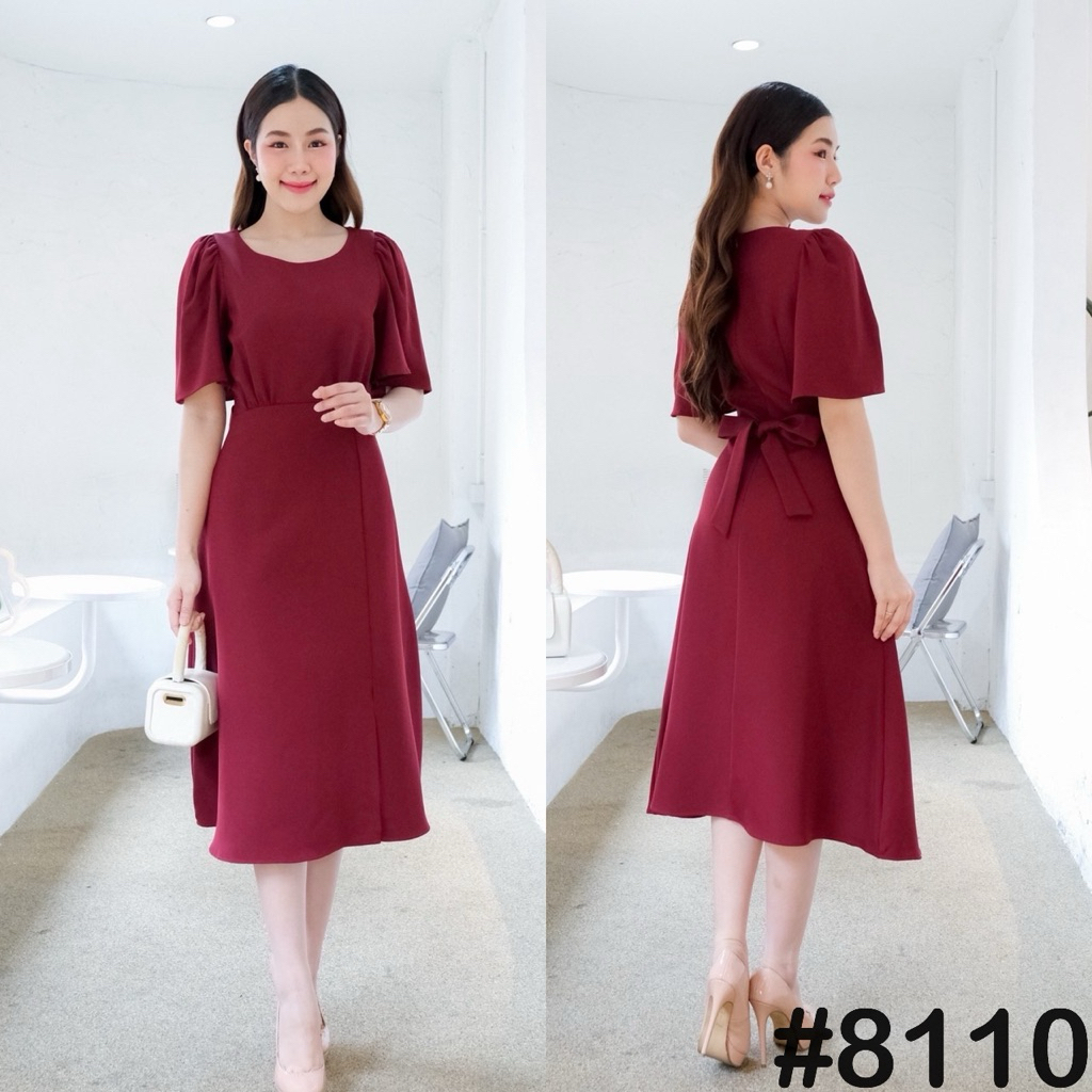 VO8110  Midi dress คอกลม แขนสั้น ชุดออกงานทางการ ทรงสุภาพ ชุดพิธีการ เดรสทำงาน [LUXURY707]