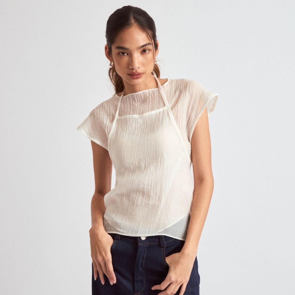 DEMSY STUDIO | Cleo Top | ผ้าโปร่งผูกเชือกคล้องคอ | Shopee Thailand