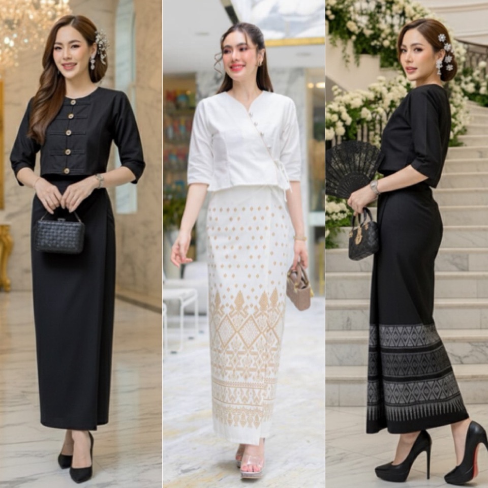 ชุดไทยประยุกต์ ผ้าไทยสีสุภาพชุดขาวดำ ใส่งานขาวดำ ใส่ออกงานได้ค่ะ