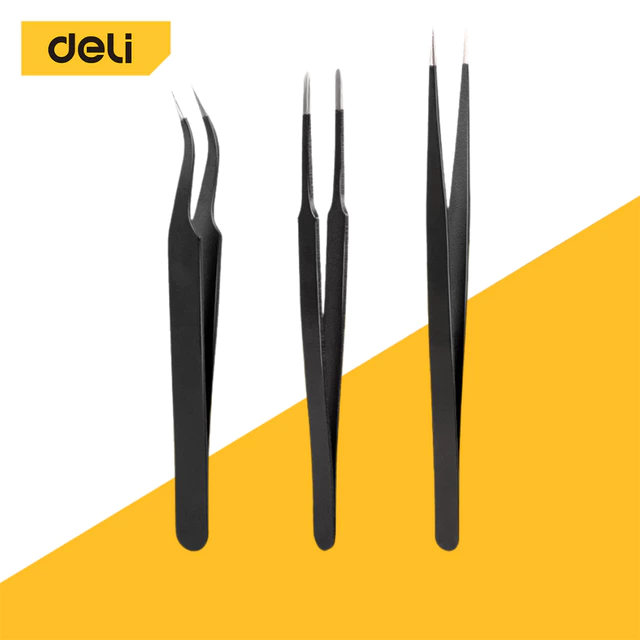 Deli 3ชิ้น ปากคีบ แหนบ ที่คีบเพชร ปากคีบตรง ปากคีบโค้ง ปากขบกันหมดไม่มีบาก ป้องกันไฟฟ้าสถิตย์ วัสดุสแตนเลส tweezer