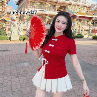 โปรโมชั่น Flash Sale :  เฉพาะเสื้อ  เสื้อตรุษจีน ผ้าวูลเวฟคอจีกติดกี่เพ้าหน้าผ่าหน้าแต่งโบว์ A5845