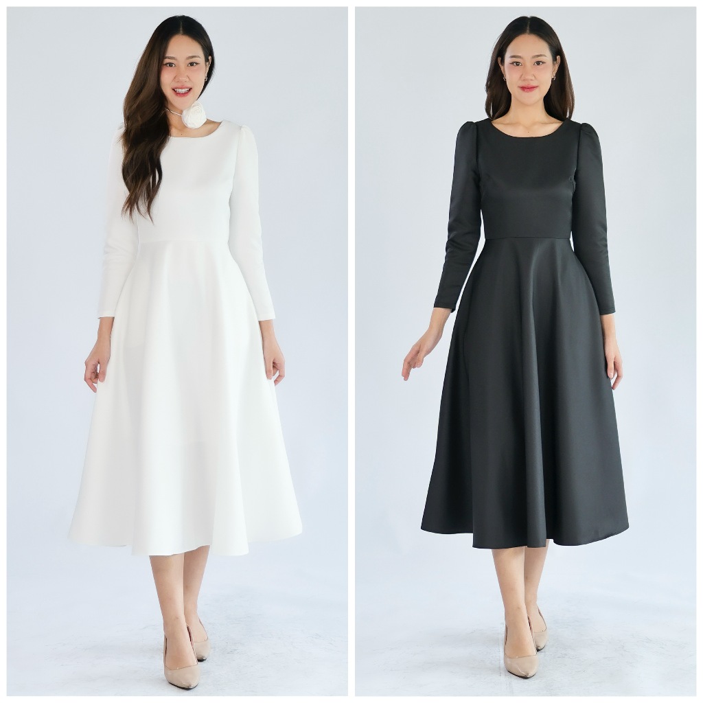 เดรสเพื่อนเจ้าสาว LX9115 ออนนี่ midi dress แขนยาว เข็มกลัดกุหลาบ ทรงเกาหลี ใส่ผอม