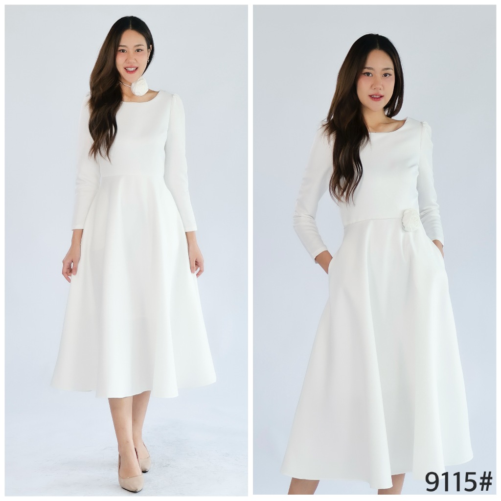 เดรสเพื่อนเจ้าสาว LX9115 ออนนี่ midi dress แขนยาว เข็มกลัดกุหลาบ ทรงเกาหลี ใส่ผอม มุมมองที่ 4