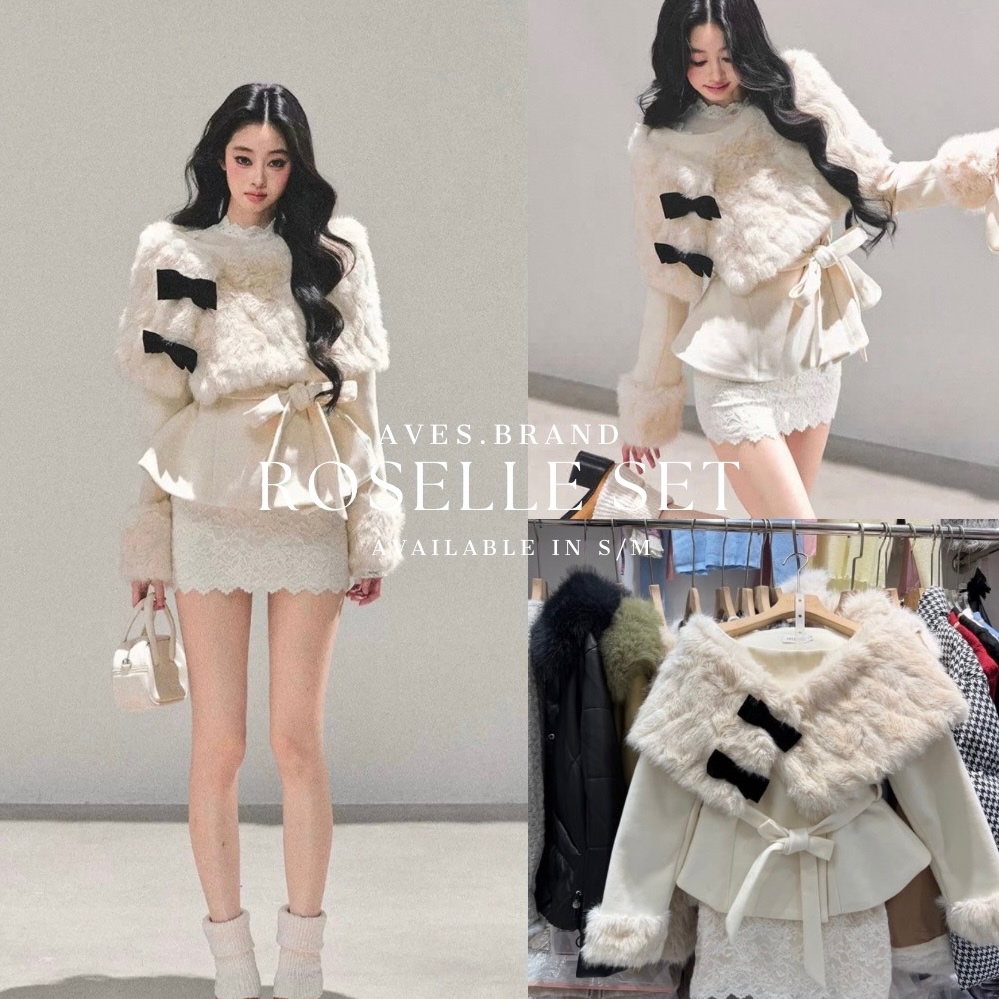 AVES.BRAND ROSELLE SET ชุดเซ็ตเสื้อวูลขนเฟอร์ กระโปรงลูกไม้ | Shopee ...