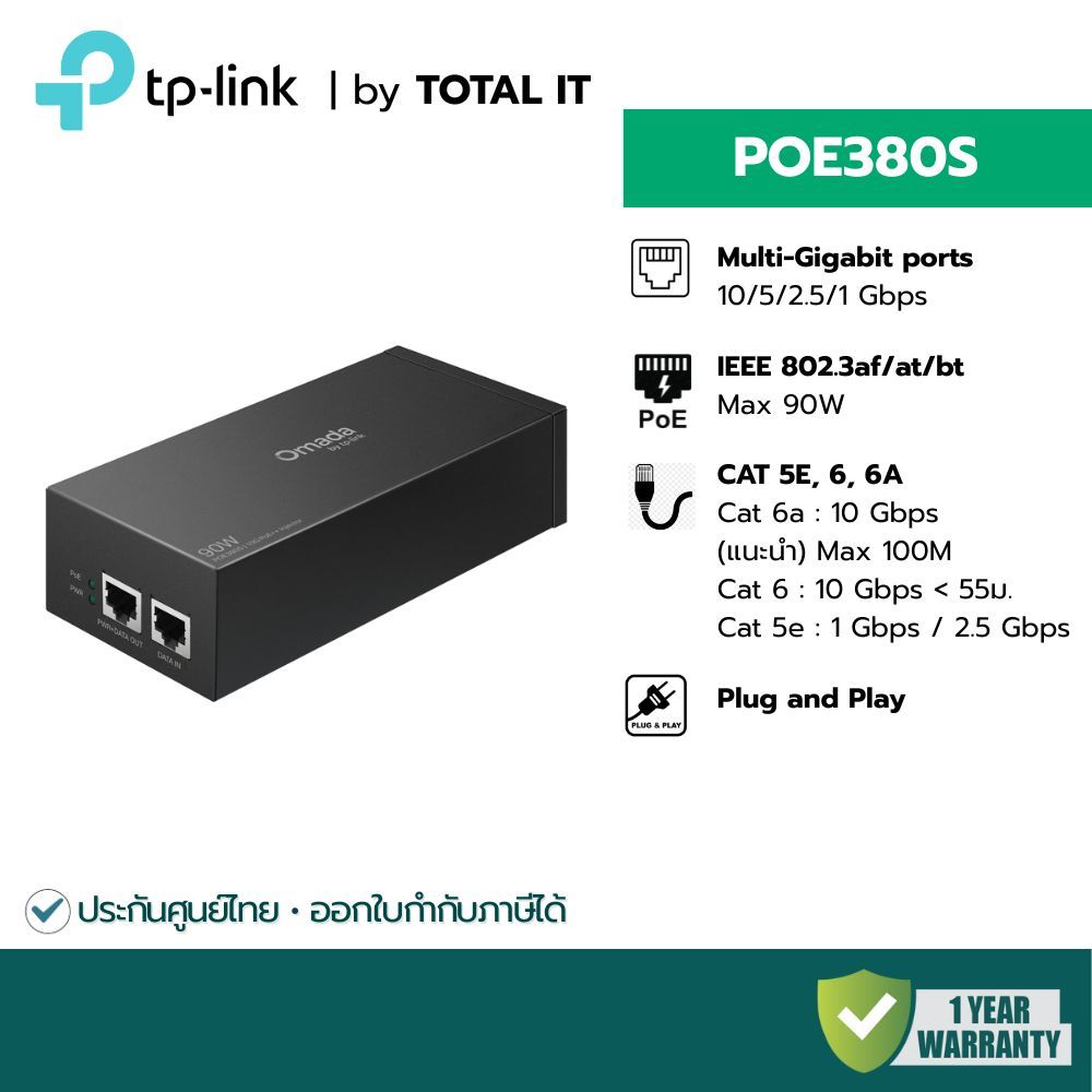 PoE++ 90W Injector 10Gbps | TP-Link Omada POE380S | จ่ายไฟแรง รองรับ ...