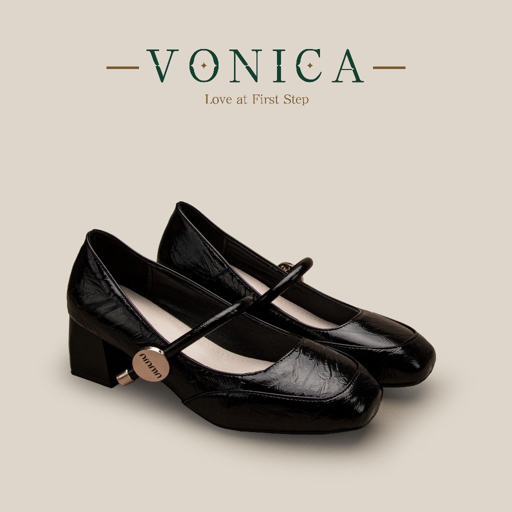 VONICA สีดำรองเท้าแมรี่เจนส้นสูง 2 นิ้ว หัวสี่เหลี่ยม รองเท้าสตรี ใส่ ...
