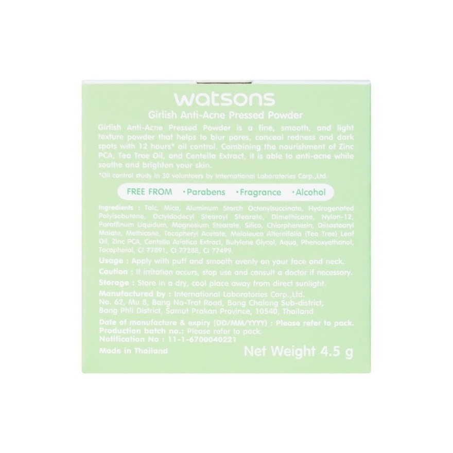 Watsons แป้งอัดแข็ง เนื้อละเอียด เนียนนุ่ม เบา Girlish Anti-Acne ...