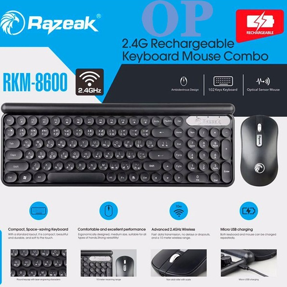 RAZEAK RKM-8600 ชุดคีย์บอร์ดไร้สายชาร์จได้ไม่ต้องใส่ถ่าน wireless keyboard+mouse charger