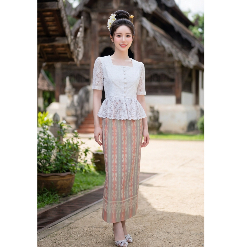 🔥เซ็ตชุดลูกไม้ออกงาน เอวระบาย+ผ้าถุงทอพรีเมียม 16สี ลดเหลือ 950.-