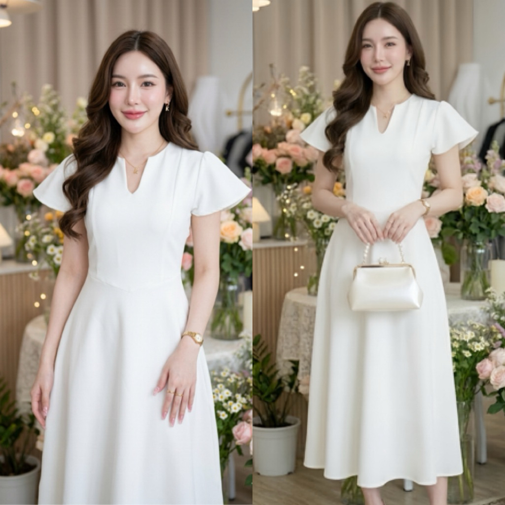 เดรสขาว D24 ผ้าหนา360g. พร้อมซับใน เรียบหรูดูแพง งานบุญ งานหมั้น