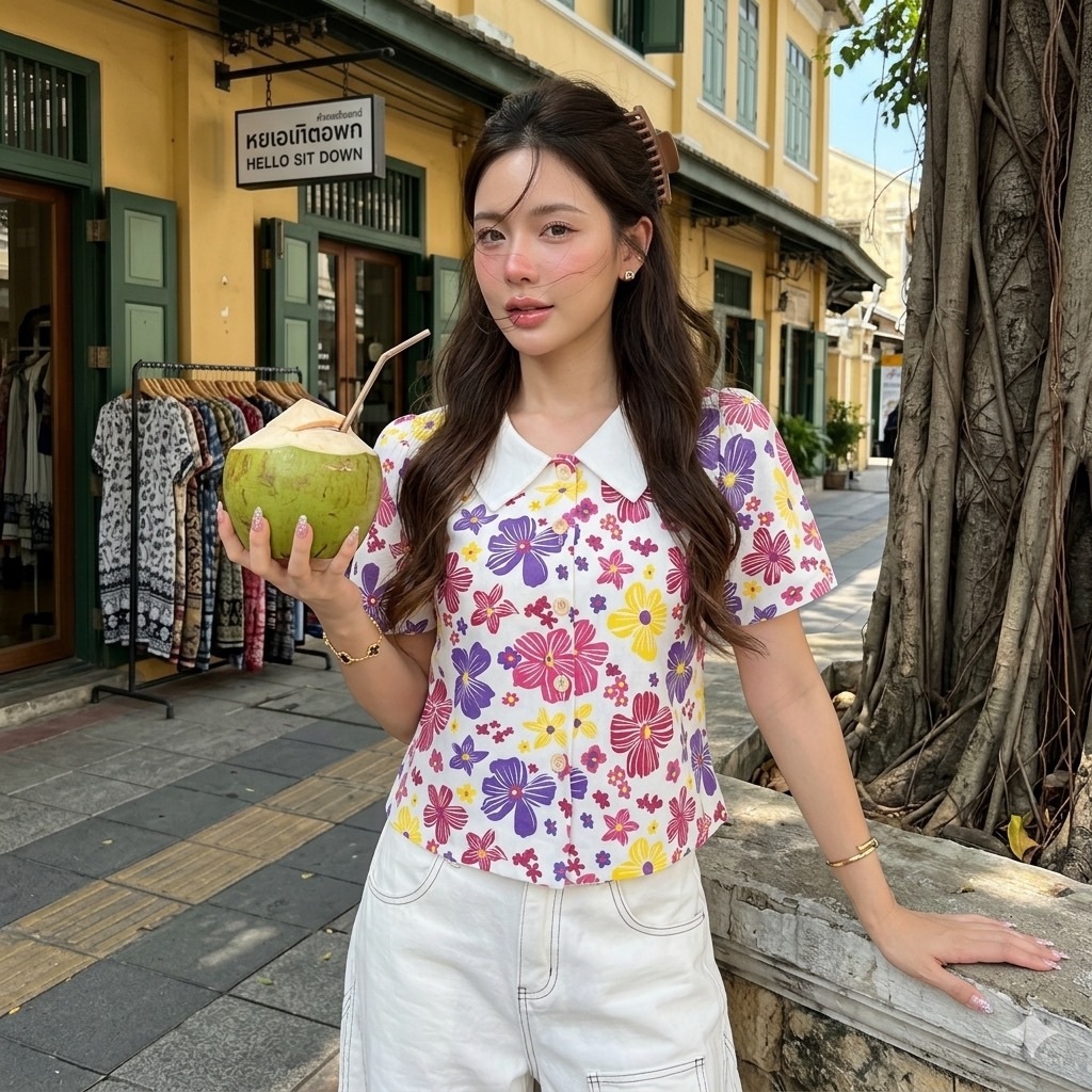 LANNA – เสื้อลายดอกคอเชิ้ต เสื้อลายดอกวันสงกรานต์ ผ้าฝ้ายพิมพ์ลายทรงสวยใส่สบาย