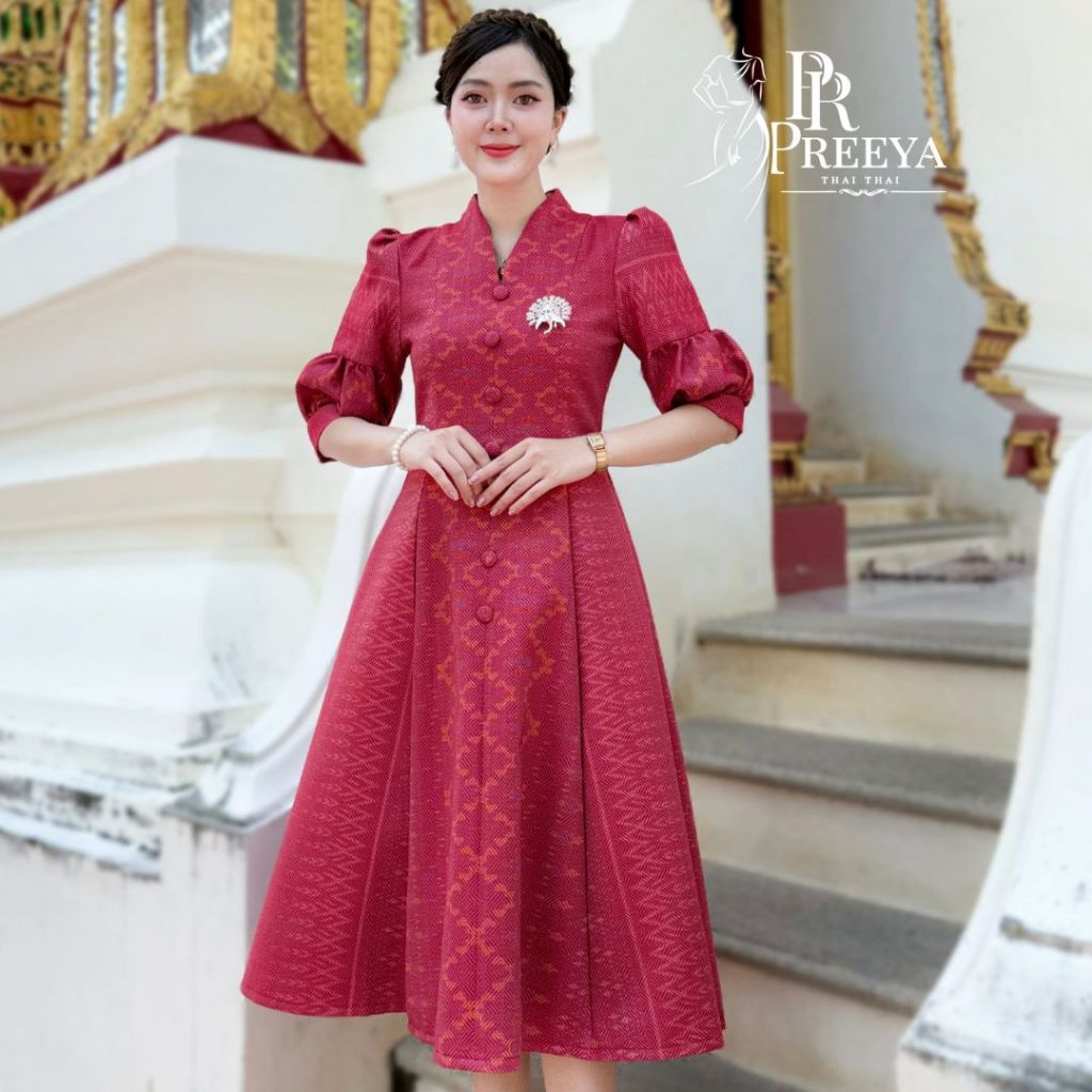 เดรสผ้าฝ้ายทอลพบุรี อัดกาวเนี๊ยบ สีธรรมชาติ พรางพุง ใส่สบายทุกวัน Preeya PR173 มุมมองที่ 6
