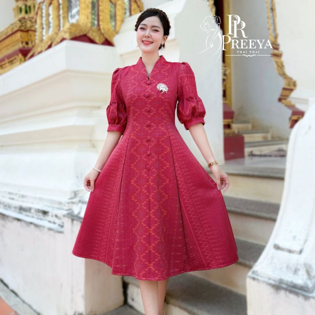 เดรสผ้าฝ้ายทอลพบุรี อัดกาวเนี๊ยบ สีธรรมชาติ พรางพุง ใส่สบายทุกวัน Preeya PR173 มุมมองที่ 4