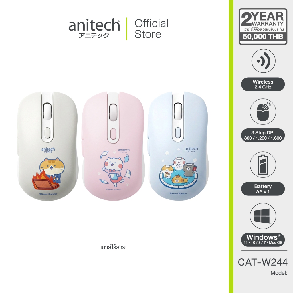 Anitech เม้าส์ไร้สาย CAT-W244 คลิกเงียบ เชื่อมต่อ Wireless 2.4G DPI: 3 ระดับ