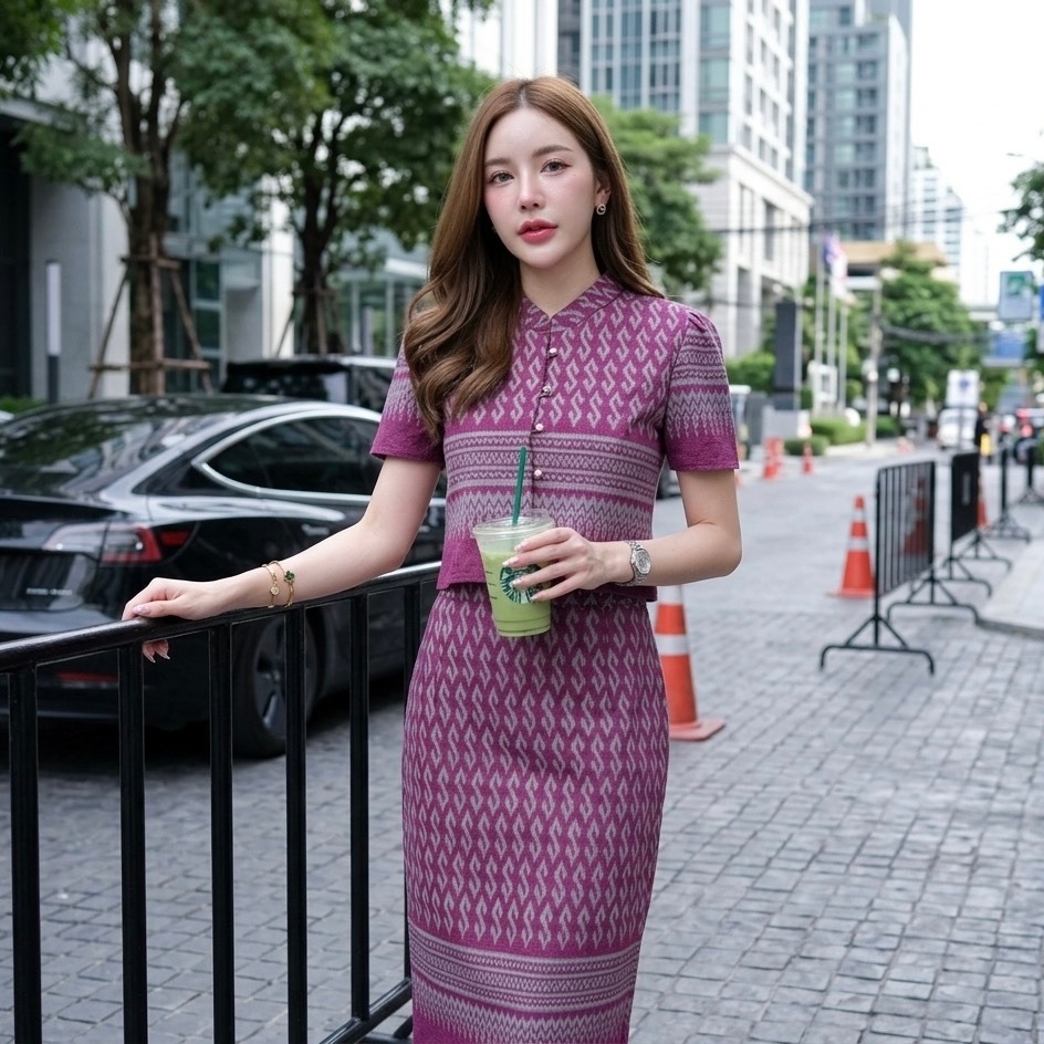 LANNA ชุดเซทเสื้อ+กระโปรงผ้าไทยลายดอกขอ ใส่ทำงาน-ออกงาน ทรงสวย ผ้าฝ้ายนุ่ม ดูดีทุกไซส์