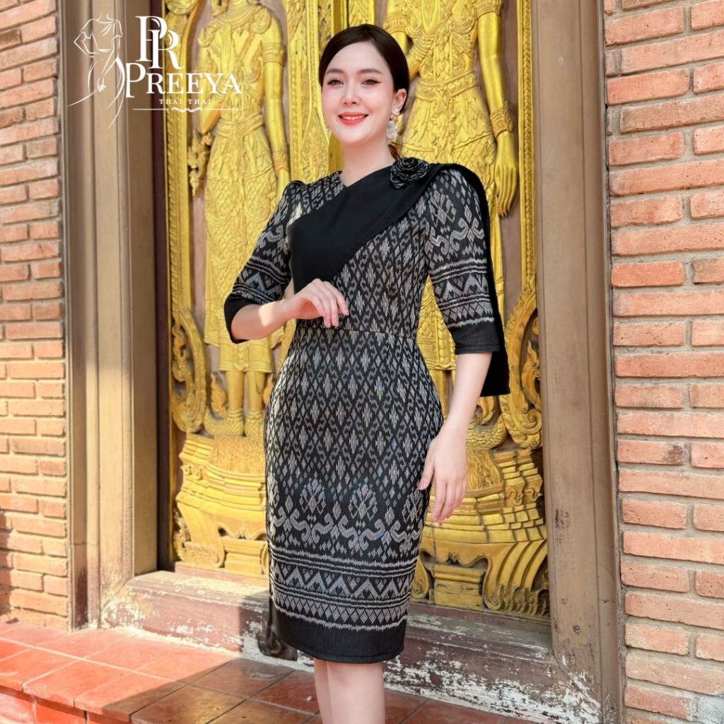 PR183 เดรสผ้าฝ้ายทอลาย อัดกาวทั้งชุด เก็บทรงสวย ไซส์S-4XL มุมมองที่ 5