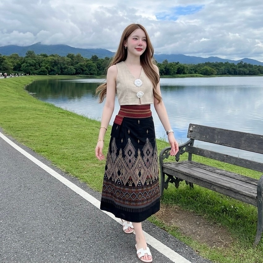LANNA – กระโปรงผ้าไทยทรงเอ ผ้าฝ้ายพิมพ์ลาย กระโปรงยาวทรงสวย ใส่สวยใส่สบายค่ะ (สม็อคหลังยางยืด)