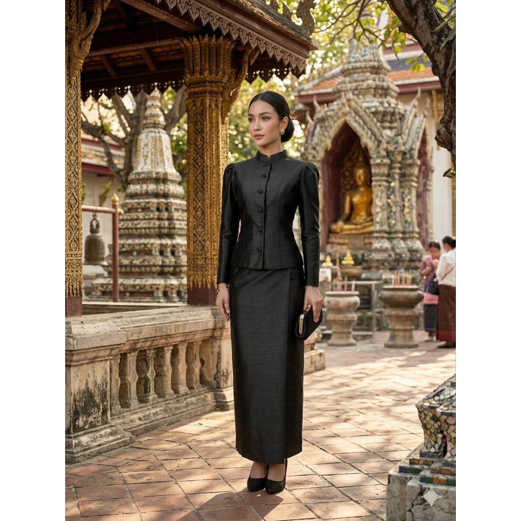 ชุดไทยจิตรลดาสีดำคอจีน ผ้าไหมสี่เส้น เรียบหรู ใส่ชดพระราชทานเพลิงศพ มุมมองที่ 2