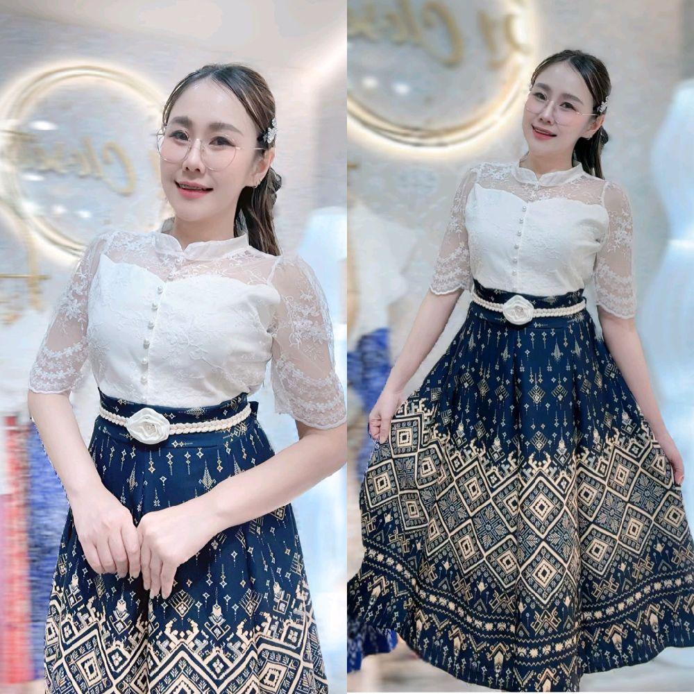 ชุดเดรสไทยประยุกต์ P121 ผ้าบาร์บี้ลายไทย คอจีนลูกไม้ ซับใน ฟรีไซส์ ใส่ทำบุญ มุมมองที่ 6
