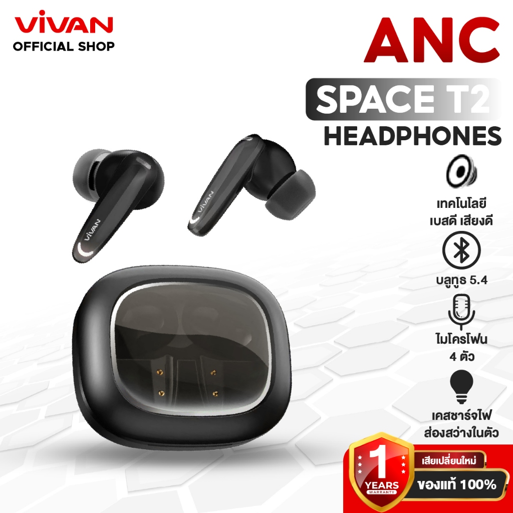 พรีออเดอร์7-14 VIVAN รุ่น Space T2 โหมด ANCตัดเสียงรบกวน พร้อมไมโครโฟน 4ตัว กันน้ำและเหงื่อระดับ IPX5 บลูทูธ 5.4เบสหนัก