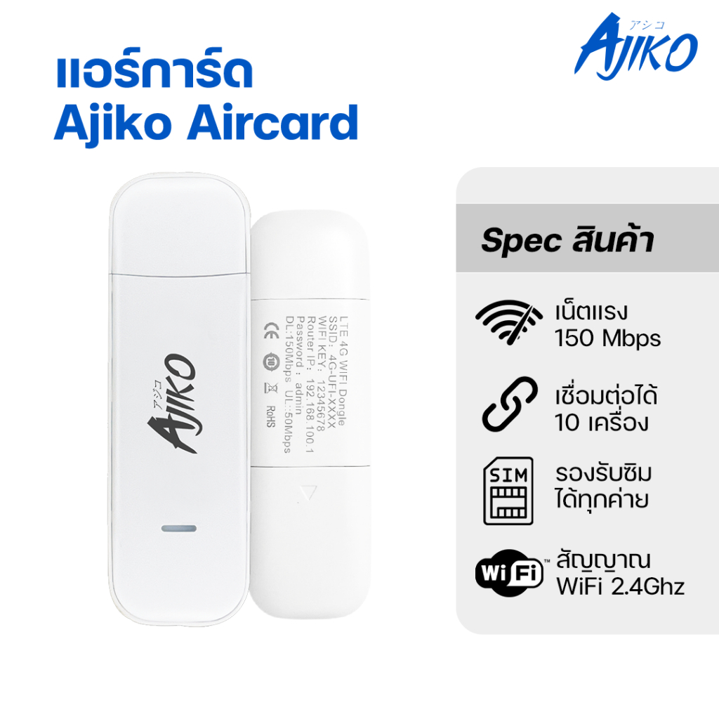 Ajiko แอร์การ์ด Aircard wifi ไวไฟพกพาใส่ซิม สัญญาณแรง สเถียร 150Mbps ...