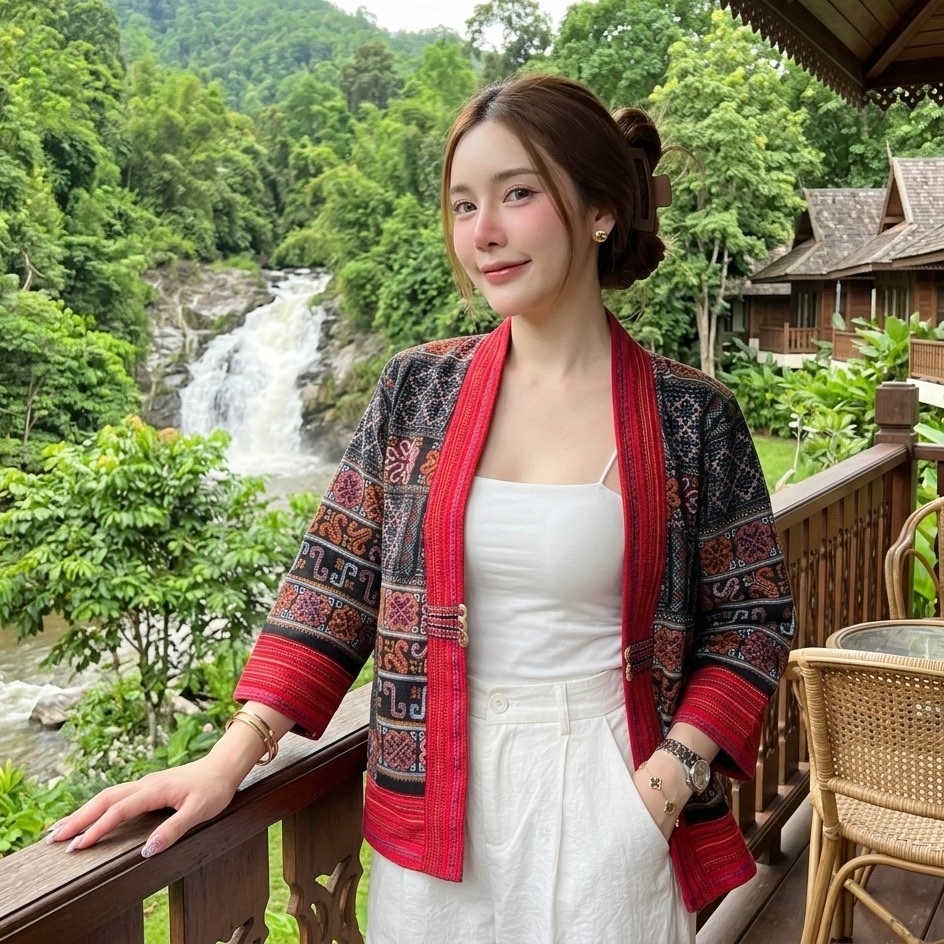 LANNA – เสื้อคลุมแขนยาวผ้าไทย แต่งแถบผ้าทอสีแดง ใส่คลุมร้อนคลุมหนาว ผ้าฝ้ายพิมพ์ลาย ทรงสวยใส่สบายค่ะ