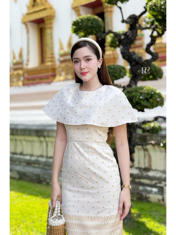 เดรสผ้าไทยลายแพรววา ทรงสอบ ผ่าหลัง สีขาวงาช้าง ฟ้า เหลือง ราคา 729 บ. แถมพิน มุมมองที่ 5