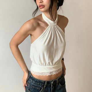 BEMYCHIC áo cổ đứng dây thắt cổ, viền ren quanh eo, mẫu Madeline Top