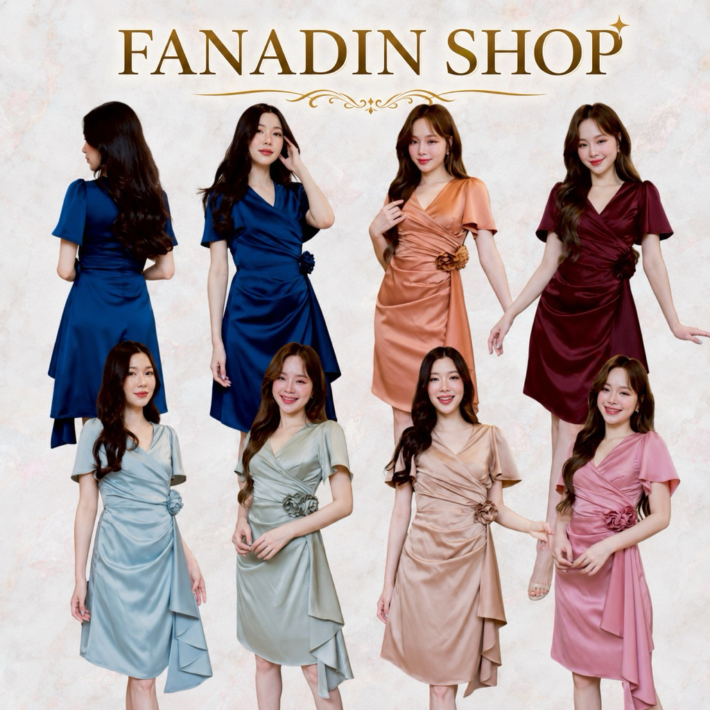 เดรสสั้นคอวีสไบข้างดอกไม้ เกรดพรีเมี่ยม ผ้าเครปซาติน 6 ไซส์