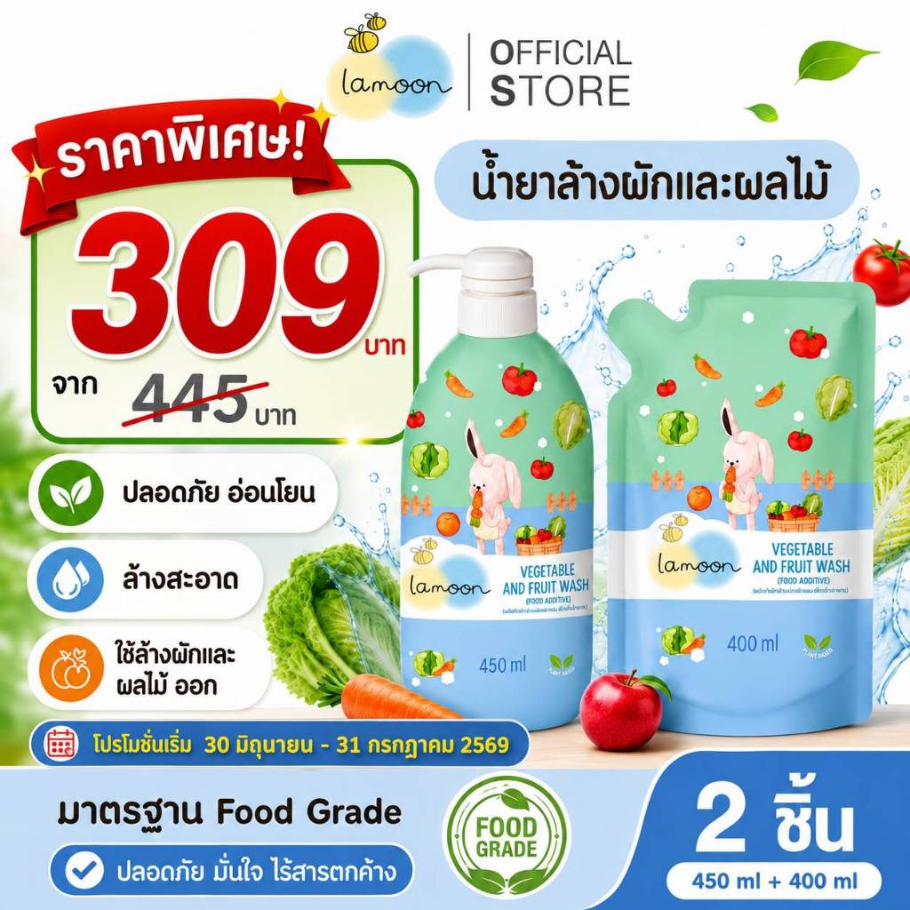 [1 ขวด – เซต] Lamoon ผลิตภัณฑ์ล้างผักเเละผลไม้ (วัตถุเจือปนอาหาร)
