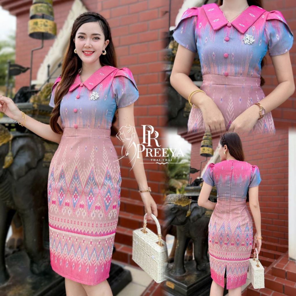 เดรสผ้าฝ้ายทอลาย PR15 ทรงสวยแพทเทิลเป๊ะ งานปราณีต ชุดไทย สีสวยใส่แล้วขับผิว
