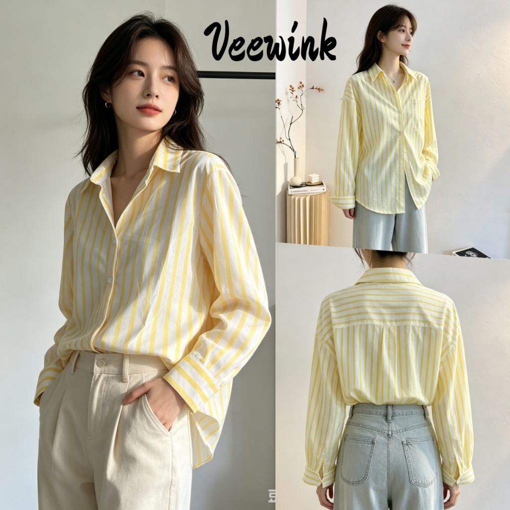 Veewink เวอร์ชั่นเกาหลี เสื้อเชิ้ตผู้หญิง เสื้อเชิ้ต มีกระเป๋า คอปก กระดุมหน้า แขนยาว ลายทางริ้วเล็กเนื้อผ้าคอตตอนอย่างด