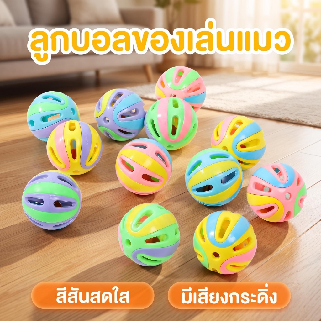 ลูกบอลพลาสติกกลวงมีกระดิ่ง ของเล่นแมว (สุ่มสี)