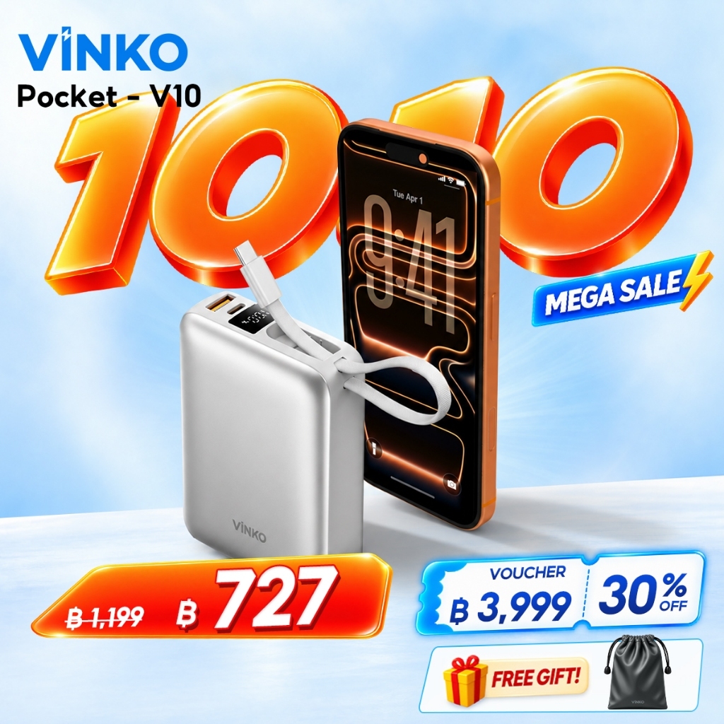 [เครื่องหมาย CCC]VINKO V10 Power Bank 20000 mAh แบตสำรอง for Android/ไอโฟน17/18 pro PD22.5W ชาร์จไว ชาร์จเร็ว สาย USB-C