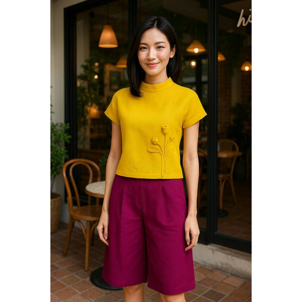 เสื้อใยกัญชงคอเต่าแขนเลยไหล่แต่งดอกไม้ | Shopee Thailand