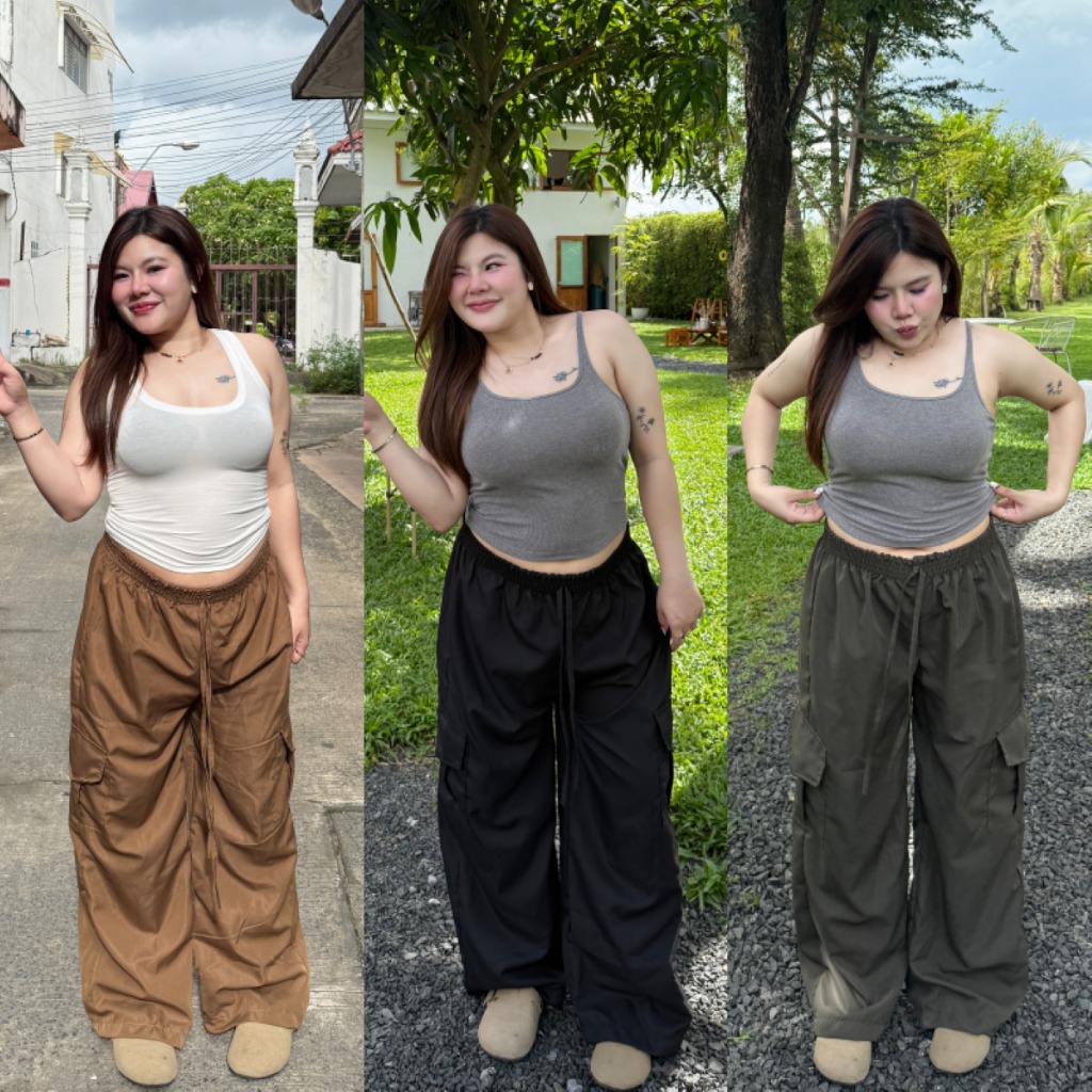 🌈SpinnyHouse🌈กางเกงคาร์โก้ ทรงขากระบอก เอวยางยืด Cargo Pant M-XL ผ้าไมโคร มีกระเป๋าข้าง สาวอวบใส่ได้จ้า รุ่น Cargo