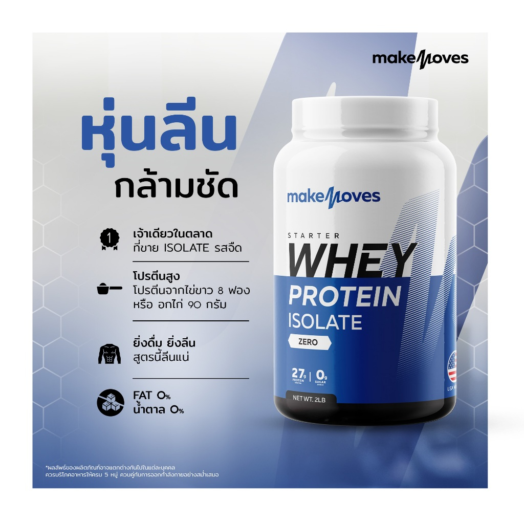 MakeMoves รุ่น MM-WPI-Z-2LB Whey Protein Isolate ขนาด 2LB สูตรลีนไขมัน โปรตีนสูง ไม่มีน้ำตาล ช่วยสร้างกล้ามเนื้อและลดน้ำหนัก เหมาะสำหรับผู้แพ้แลคโตส