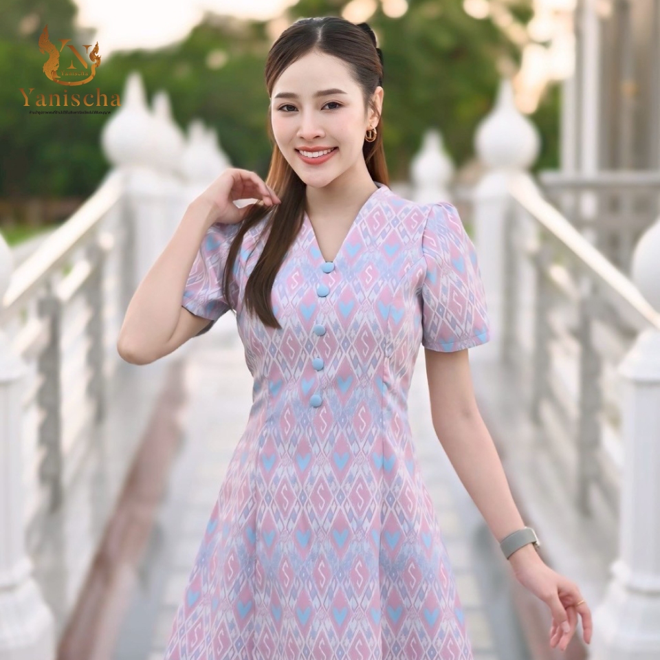 เดรสผ้าไหมทอลายพาสเทล ชุดไปวัดทำบุญ เรียบหรู สะกดทุกสายตา ไซส์ XS-2XL มุมมองที่ 4