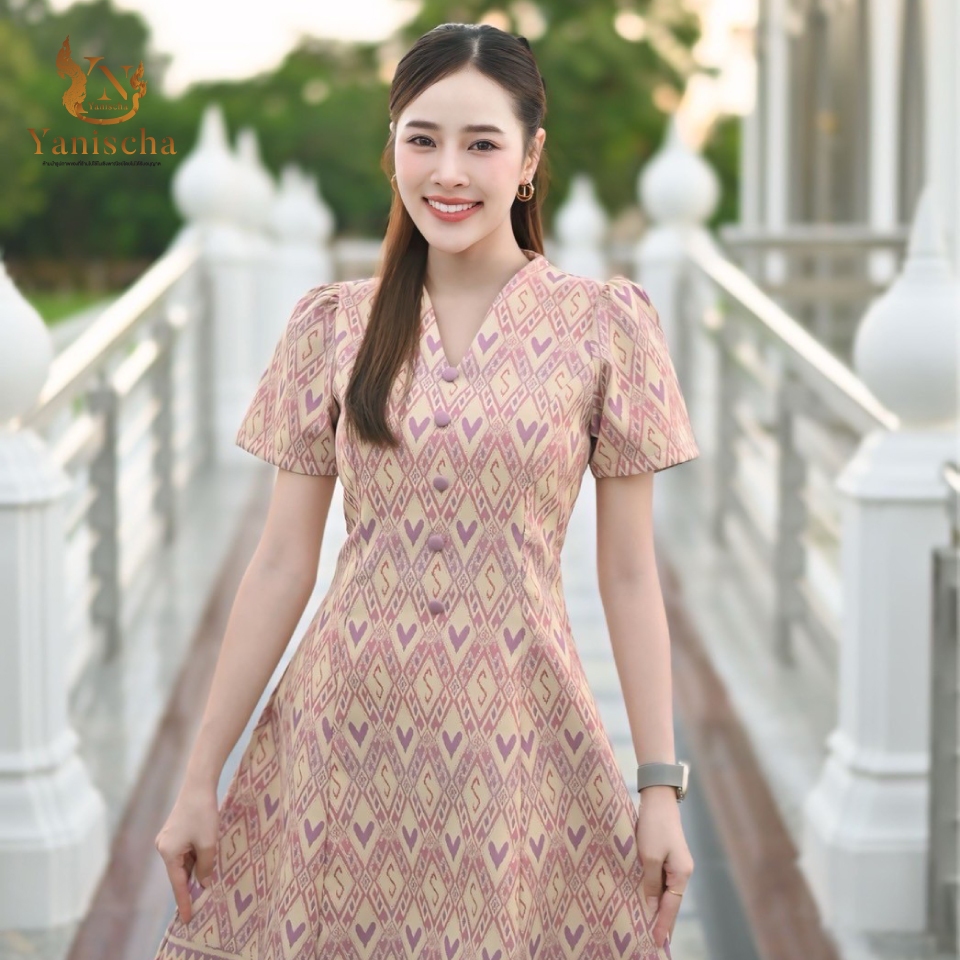 เดรสผ้าไหมทอลาย ชุดไปวัดทำบุญ หรูสุภาพ สีชมพู-ม่วง ไซส์ XS-5XL มุมมองที่ 3