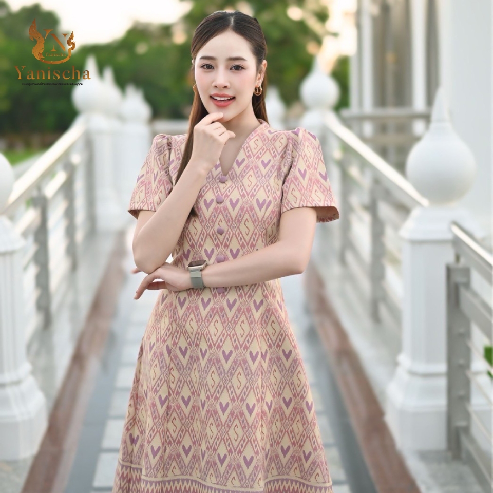 เดรสผ้าไหมทอลาย ชุดไปวัดทำบุญ หรูสุภาพ สีชมพู-ม่วง ไซส์ XS-5XL มุมมองที่ 4