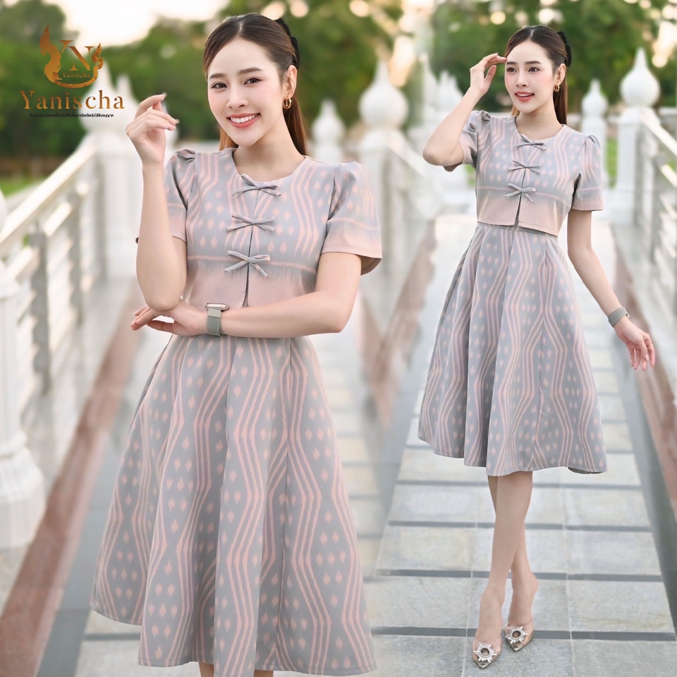 เดรสผ้าไทยทอลายสีฟ้าครามนกพิราบ ชุดไปวัดทำบุญ เรียบหรู สวยสะกดทุกสายตา