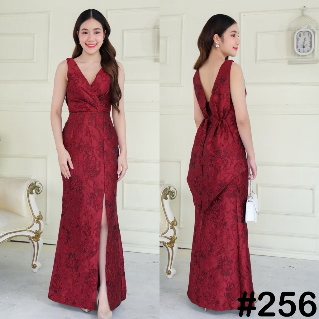 VO0256 เดรสคอวีผูกโบว์เอว พรางหุ่นสวยหรู 7 สี ชุดเพื่อนเจ้าสาว เดรสออกงาน เนื้อผ้าพิมพ์นูน