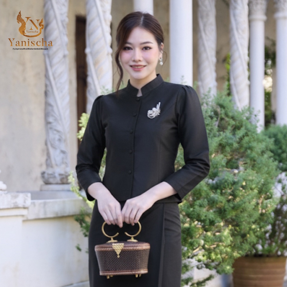 ชุดจิตรลดาผ้าไหมดำ ไปวัด ดูผอม เรียบหรู พร้อมส่ง ไซส์ XS-5XL มุมมองที่ 4