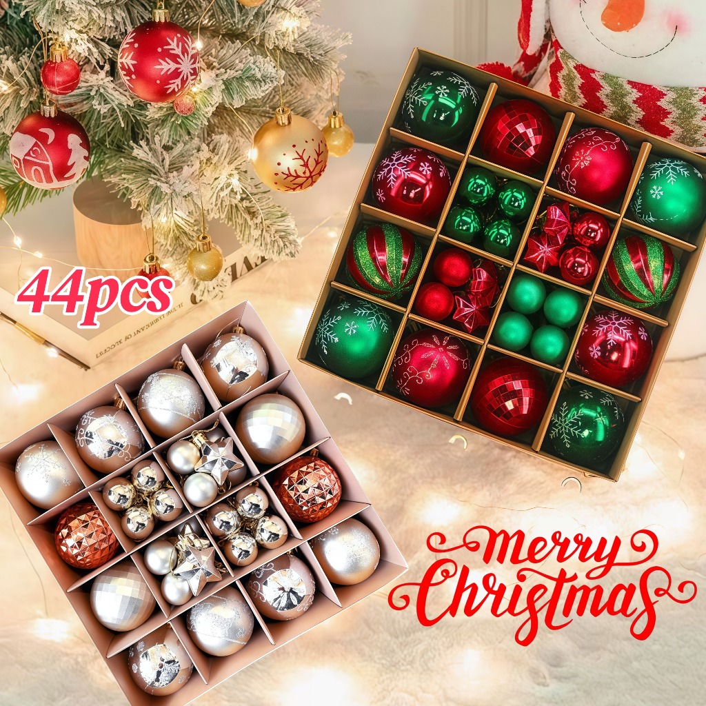 ลูกบอลตกแต่งต้นคริสต์มาส 44 ชิ้น / 1 ชุด ลูกบอลพลาสติก ของแต่งต้นคริสต์มาส เซ็ตลูกบอลปาร์ตี้ ทนทานไม่แตกง่าย 3-6cm